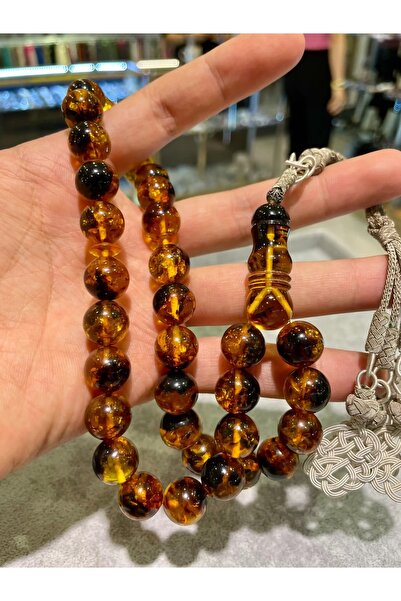 Doğaltaş Yosun Fosilli Tek Kaya Damla Kehribar Tespih