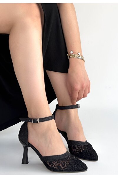 Lisinya Weja Black Leather Tulle Detailed Heeled Shoes - Tygoo