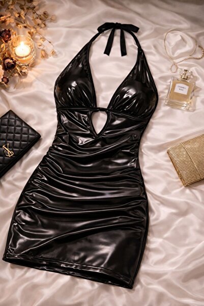 cdh çeyize dair herşey Noctelle Halter Black Leather Mini Dress