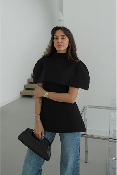 Havoş Black Blouse with Cape Detail on the Collar