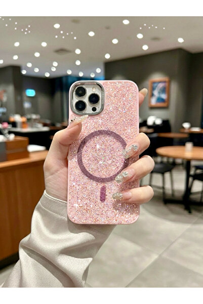 İtarz iphone 12 ProMax Uyumlu Pembe Lüks MagSafeli Premium Kristal Taşlı Işıl...
