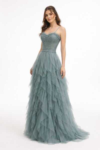 butex Bocuk İşlemeli İp Askılı Eteği Tül Abiye Elbise 5200btx