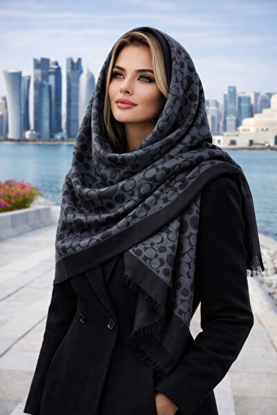 CROCUS DESIGN Kaşmir ithal ipek şal antrasit çift taraflı