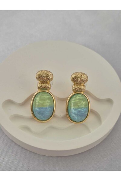 MY ESTA JEWELRY GOLD VİNTAGE MAVİ - YEŞİL TAŞLI GÖKYÜZÜ DETAYLI KÜPE