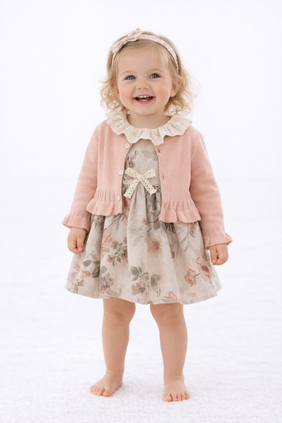 Mary&Joe Nora Kız Bebek Çiçekli Elbise Takımı Pudra Hırkalı 3’lü Set 6-24 Ay