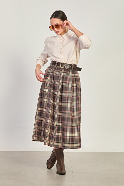 BARRELS AND OIL Women's Plaid Belted Pleated Midi Skirt - Brown