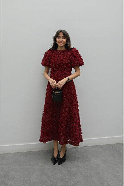 Havoş Burgundy Rose Embossed Dress