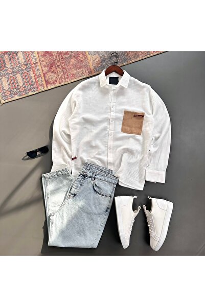 tiggir moda Men's Oversize Straw Pocket Linen Shirt and Jeans 2-Piece Set