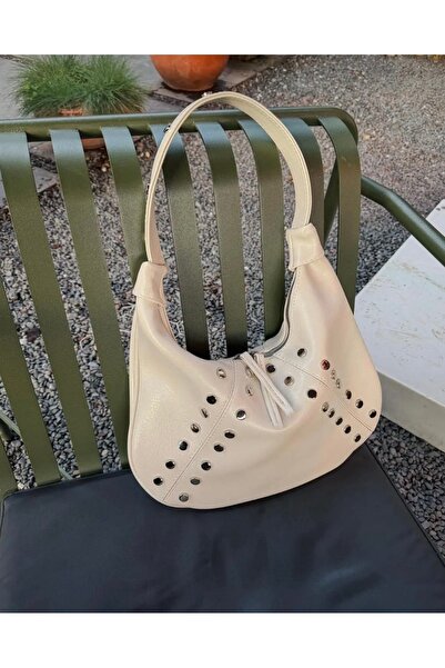 MyleeButik Vintage Esintili Troklu Kahve Baget Gümüş Zımba Detaylı Omuz Çantası