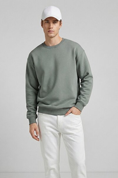 MAXIMILLIAN Men's Oversize Basic Relax Cotton Crew Neck Sweatshirt Dark Green