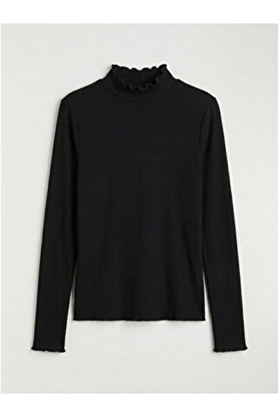 LC Waikiki M1 Sezon Black Ruffle Mock Neck Women's Bodysuit