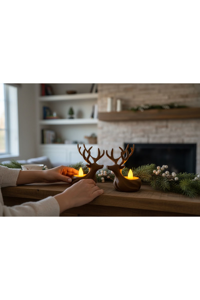 Marka Dekoratif Geyik Mumluk 2’li Set – Yılbaşı Masa Süsü – 3d – Rustik Ev De...