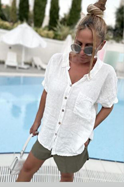 AYASOFYA OTANTIK Women's White Button Closure Ring Detailed Loose Short Sleev...