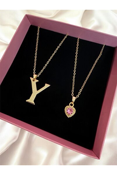 Madam Bikan Gold Renk Çelik Y Harfi Pembe Kalp 2 Li Kombin Harf Kolye