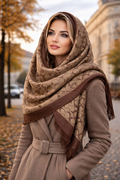 CROCUS DESIGN Yün ipek çift taraflı kahverengi şal