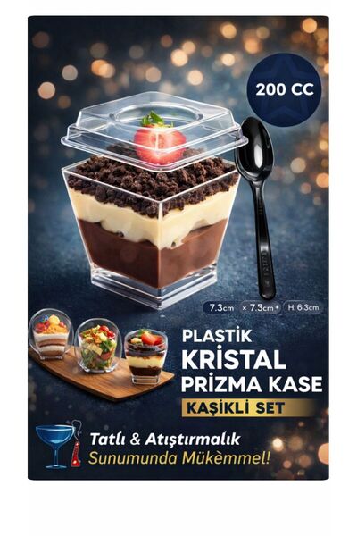 figanlar ambalaj 20'li Lüks Kristal Prizma Tatlı Kasesi 200 cc Kapaklı Kaşıkl...