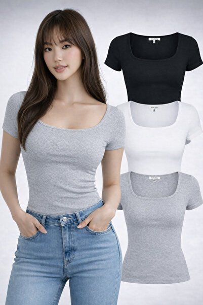 RİEMA Set of 3 U-Neck Short Sleeve Basic Slim Fit Ribbed Cotton Blouse T-Shir...