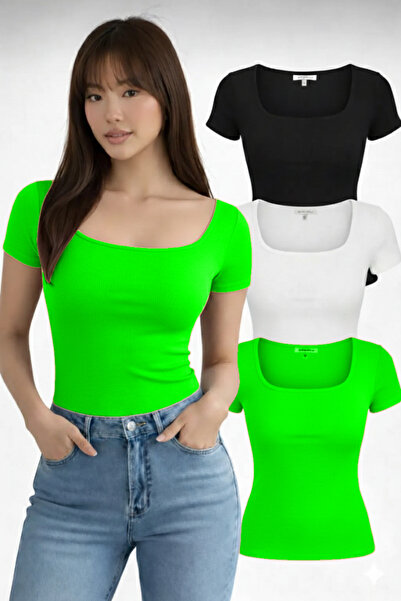 RİEMA Set of 3 U-Neck Short Sleeve Basic Slim Fit Ribbed Cotton Blouse T-Shir...