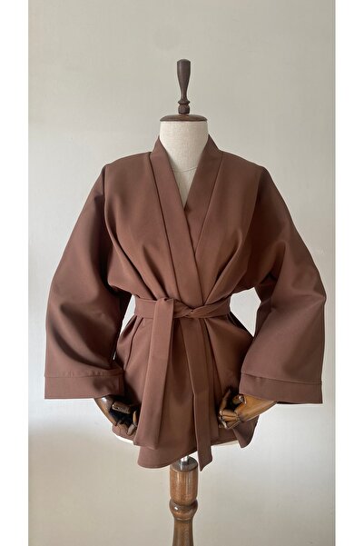 Glowear Atelier Women's Brown Belted Short Kimono Jacket - 70 cm