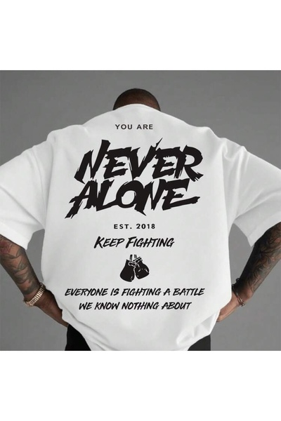 Vordevia Never Alone Printed White Oversize Unisex T-Shirt Basic Comfortable ...