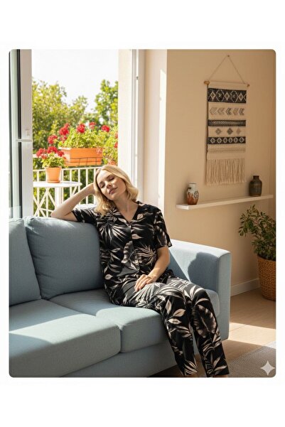 İpek Women's Short Sleeve Front Buttoned Leaf Pattern Cotton Pajama Set