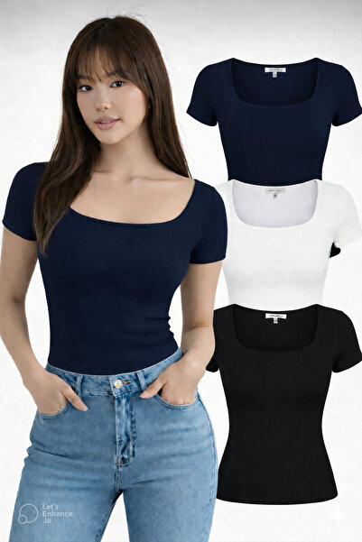 RİEMA Set of 3 U-Neck Short Sleeve Basic Slim Fit Ribbed Cotton Blouse T-Shir...