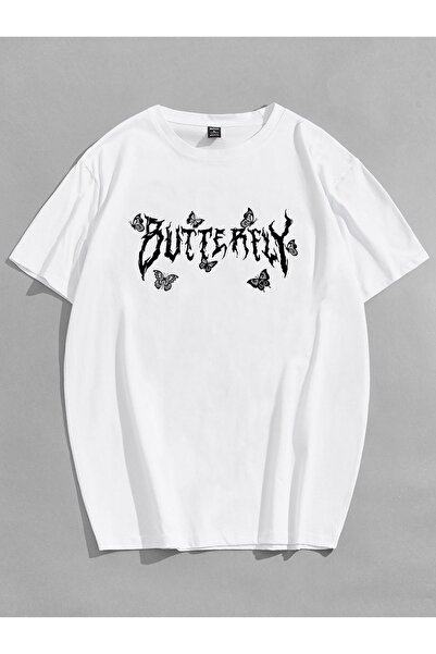 Vordevia Tricou unisex oversize alb cu imprimeu fluturi, croială confortabilă...