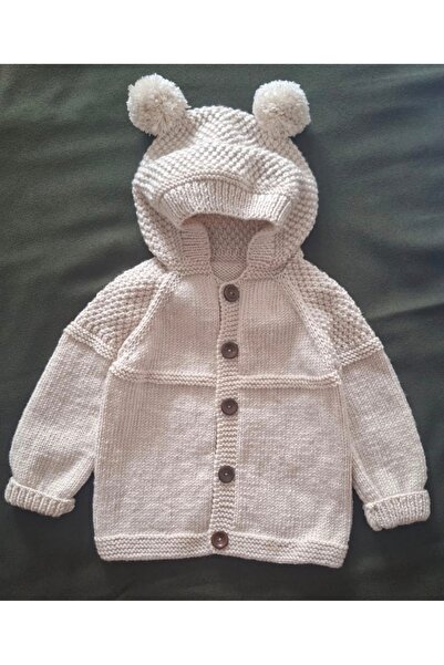 MİNOHOUSE El örgüsü bej rengi unisex kapüşonlu bebek hırka
