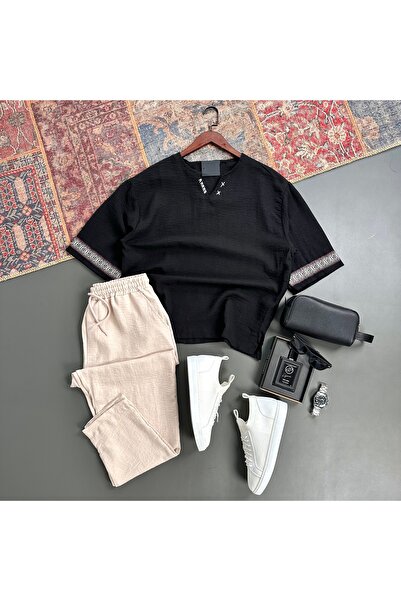 tiggir moda Men's Oversize Linen Embroidered T-Shirt and Pants 2-Piece Set