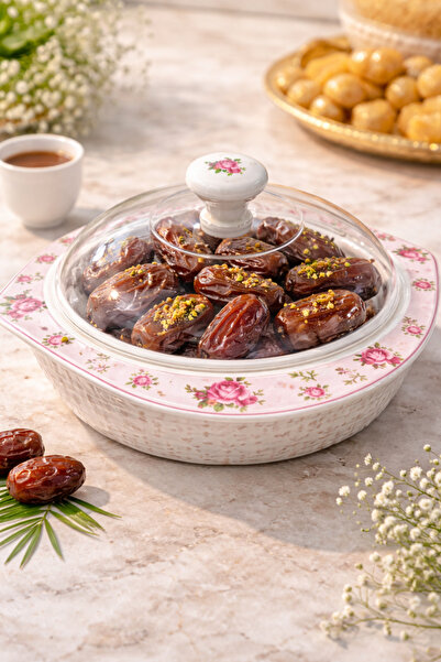 China وعاء تمر زجاجي فاخر مع غطاء قطعتين ( تمرية زجاج فاخرة بتصميم وردي أنيق)