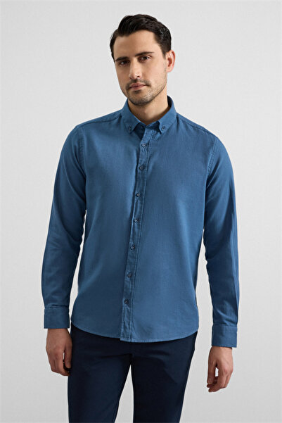 SÜVARİ Mavi Slim Düğmeli Yaka Düz Casual Gömlek
