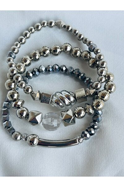 COCOSH TAKI Silver Color Crystal Stone and Beaded Multiple Flexible Bracelet Set
