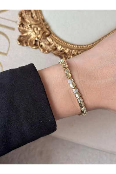 LEROSY CO. سوار من الفولاذ المطلي بالذهب مع أحجار بريزم لامعة للنساء