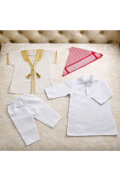 Baby day طقم أطفال تراثي ولادي 4 قطع – ثوب مع بشت وشماغ – زي وطني أنيق