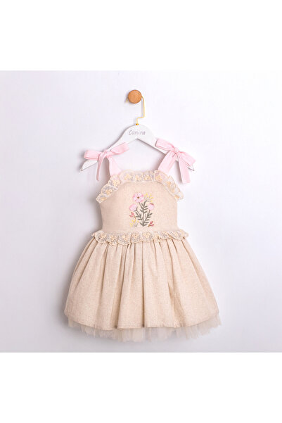 Cumino Girl's Linen Bow Strap Detailed Dress