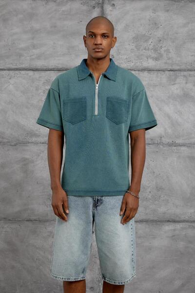 NOMARC Green Polo Collar Zippered Washable Oversize Tshirt