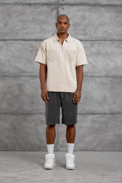 NOMARC Cream Polo Collar Zippered Washable Oversize Tshirt