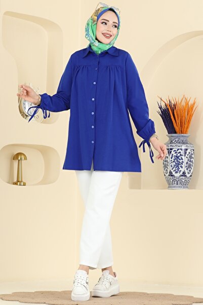 ModaMerve Manşeti Bağcıklı Terikoton Gömlek 337ASN888-MS Saks