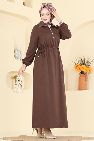 ModaMerve Yandan Bağcıklı İki İplik Elbise 2029FON792-MS Kahve