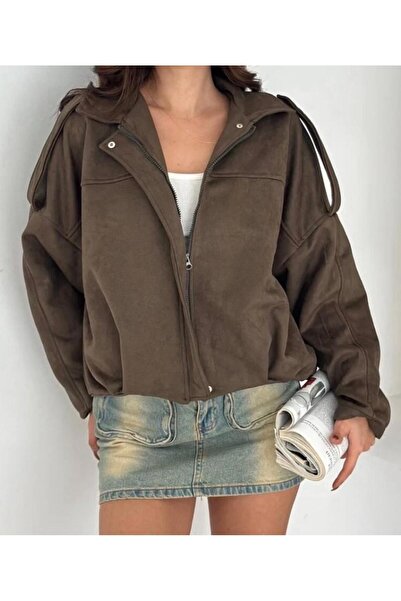 02Lady Fashion Oversized Suede Fabric Jacket with Epaulet Detail