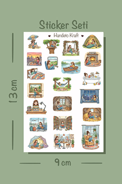 Handeto Kraft Kitap Okuma Temalı Sticker Seti Çıkartma Scrapbook Bullet Journ...