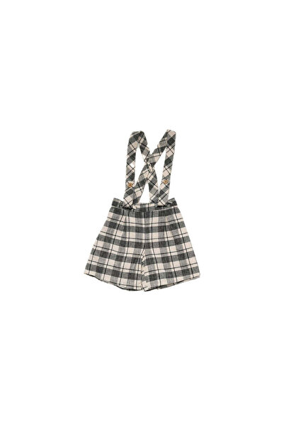 PETIT-ATELlER PETIT ATELIER Girls Grey Plaid Linen Suspender Shorts Detachabl...
