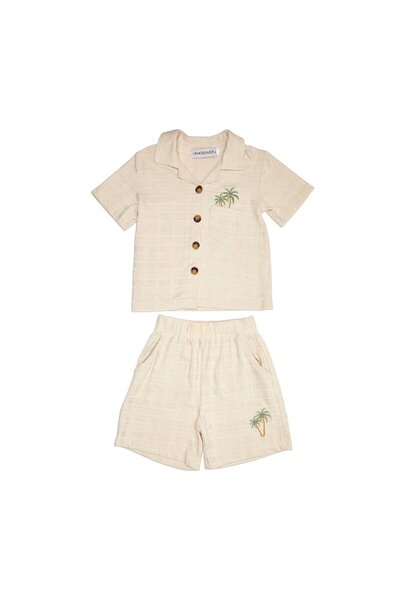 PETIT-ATELlER PETIT ATELIER Boys Cream Palm Tree Terry Shirt and Shorts Set E...