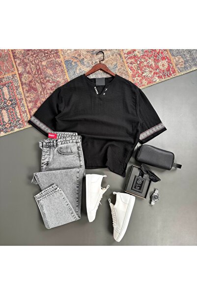 tiggir moda Men's Oversize Linen Embroidered T-Shirt and Jeans 2-Piece Set