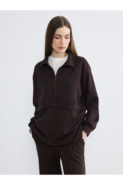 LC Waikiki LCW Modest Kahverengi Dik Yaka Soft Touch Kadın Sweatshirt Tunik