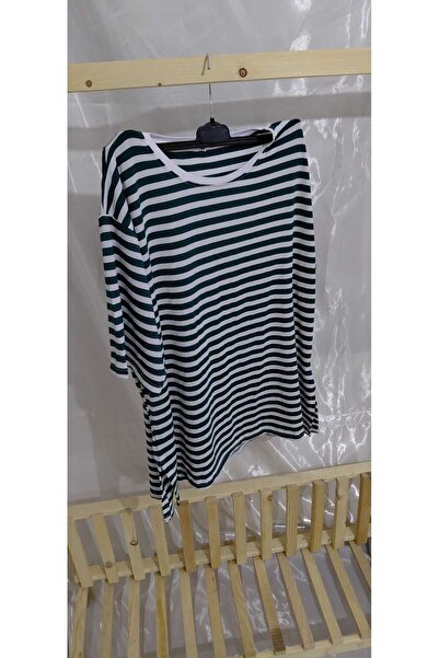 aryam butik Striped Oversize Short Sleeve Viscose Side Slit Combed Cotton Blo...