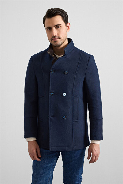 SÜVARİ Lacivert Slim Kruvaze Yaka Cepsiz Kaban