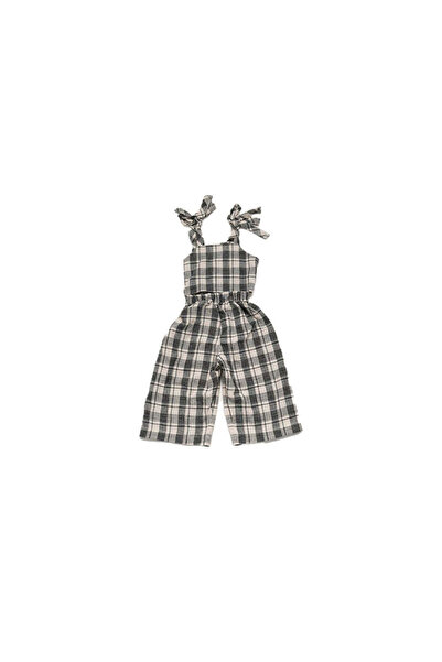 PETIT-ATELlER PETIT ATELIER Girls Grey Plaid Linen Dungaree Wide Leg Jumpsuit...