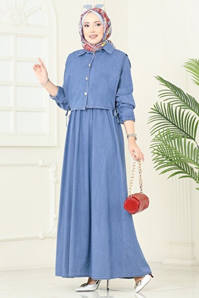 ModaMerve Bağlama Yelekli Kot Elbise 101ZNE1011-MS Açık Kot