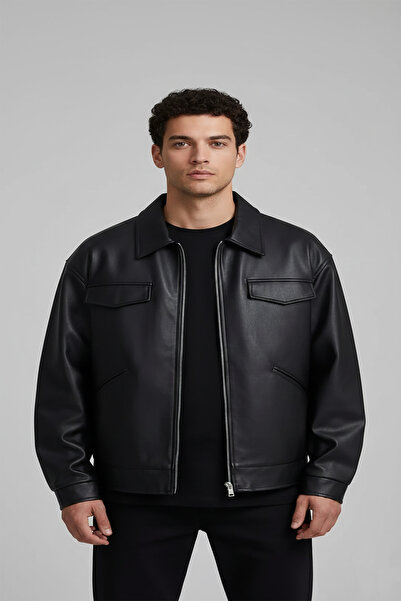 Bossago Men's Black Premium Leather Jacket with Flap Pocket Detail